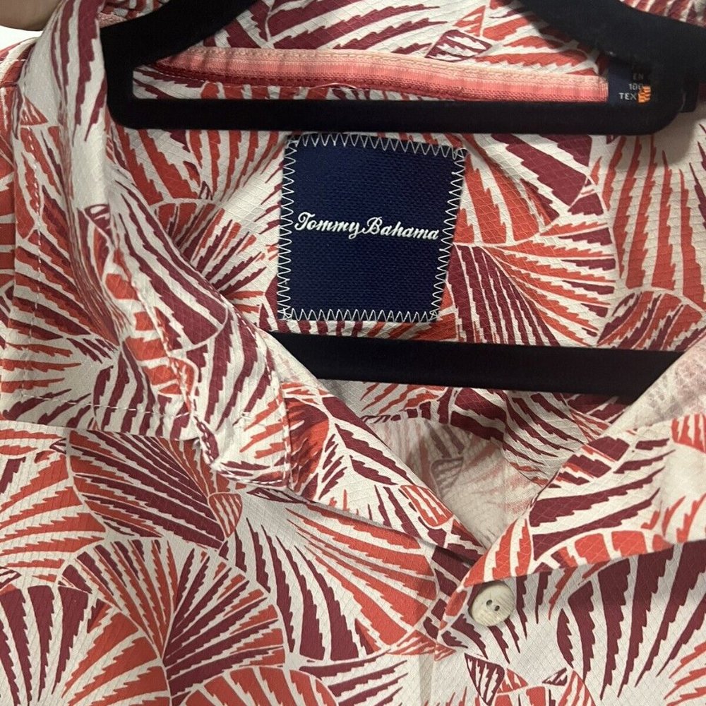 Men's Tommy Bahama 100% Silk Button Down Shirt Large Orange Red Casual Stunning - Picture 6 of 6